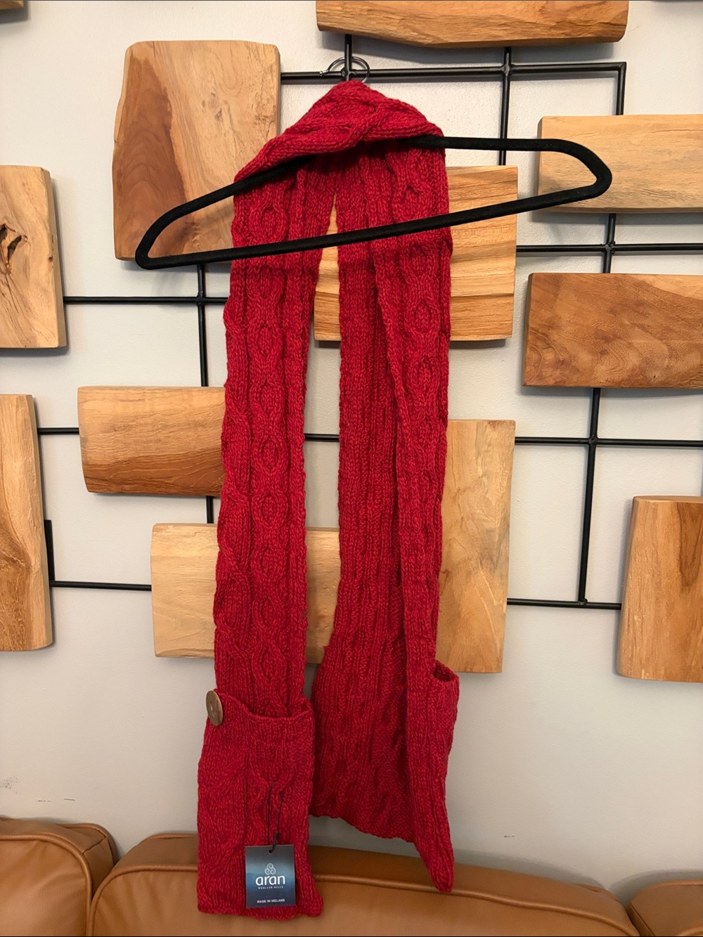 Aran Red Cable-Knit Scarf with Buttoned Pocket